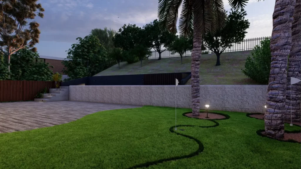 3d rendering of custom golf putting range in san diego backyard